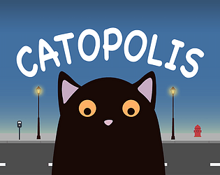 A plump black cat in front a city street background.